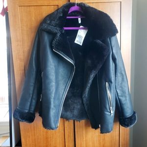 MANGO Women's Black Faux Fur Aviator Jacket xxs
